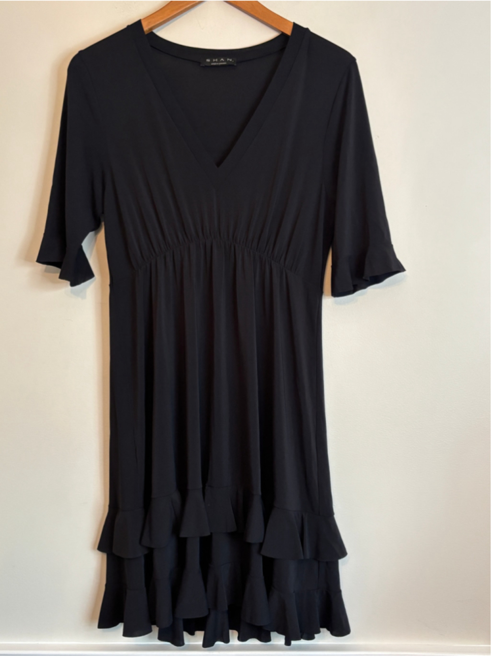 SHAN Black Ruffled V-Neck Fit Flare Dress Womens Size 10 Career Minimalist